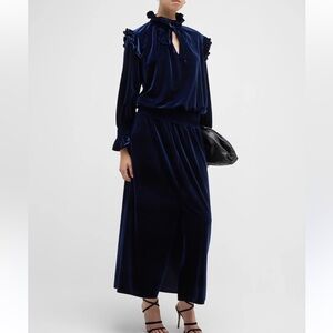 Finley Mary Jane Black Velvet Smocked Waist Ruffle Midi Dress Sz 2X
